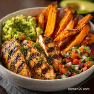 Grilled Herb Chicken Bowl with Sweet Potato Fries and Avocado Salsa: Crispy Baked