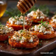 Honey Feta Sweet Potato Rounds Crispy Whipped Feta Hot Honey