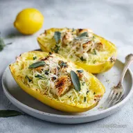 Spaghetti Squash Boats: Garlicky Lemon Chicken Sage
