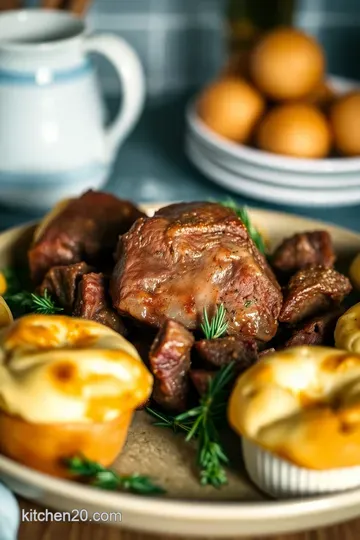 Classic Sunday Roast Beef with Yorkshire Puddings presentation