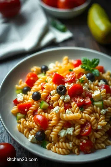 Sunny Mediterranean Pasta Salad with Feta and Olives presentation