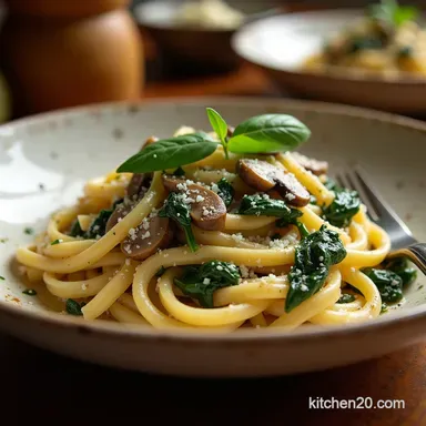 Creamy Garlic Thyme Spinach Mushroom Pasta Recipe Recipe Card