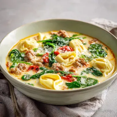 Tortellini Soup with Italian Sausage Spinach in 30 Minutes Recipe Card
