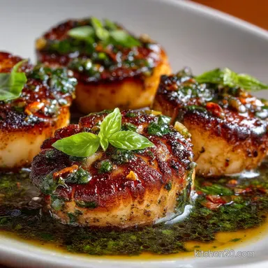 Perfect PanSeared Scallops with Basil Brown Butter Sauce Recipe Card