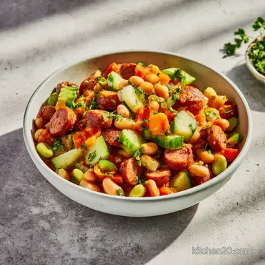 Hearty dense bean salad recipe: Chorizo Kick! Recipe Card