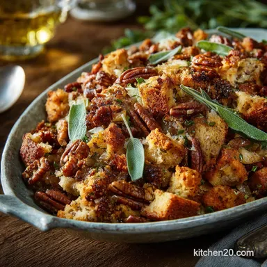 MakeAhead Thanksgiving Dressing: Sage and Pecan, Moist Crispy Top Recipe Card