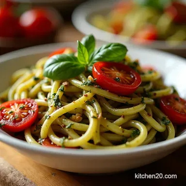 The Brightest Bowl Balsamic Pesto Pasta With Roasted Cherry Tomatoes Recipe Card