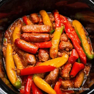 Slow Cooker Bangers Peppers Lazy Sunday Sizzle Recipe Card