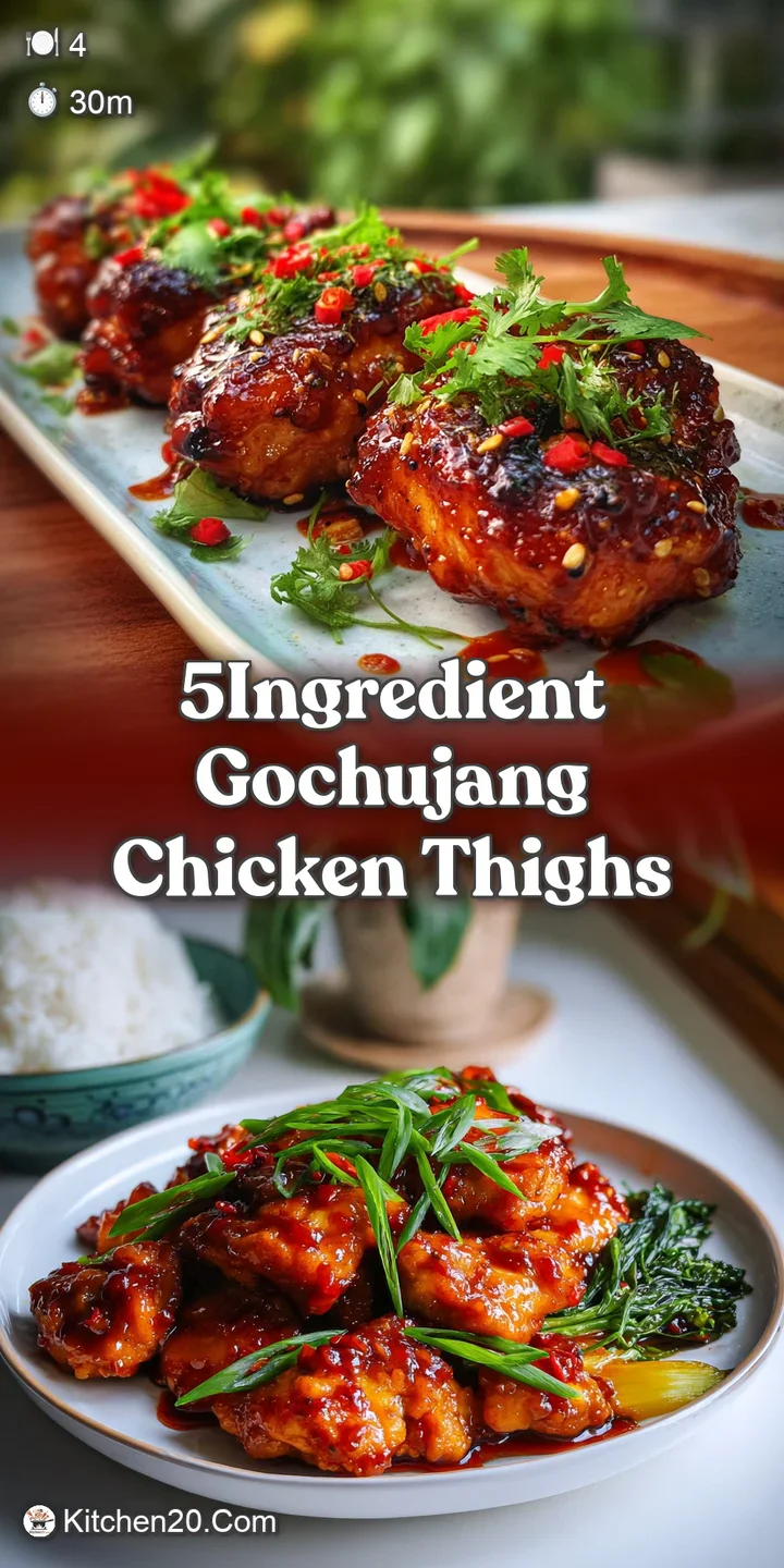 Up-close: Sticky, deeply red-brown gochujang glaze coats a tender chicken thigh. Sprinkled sesame seeds add a pop of text...