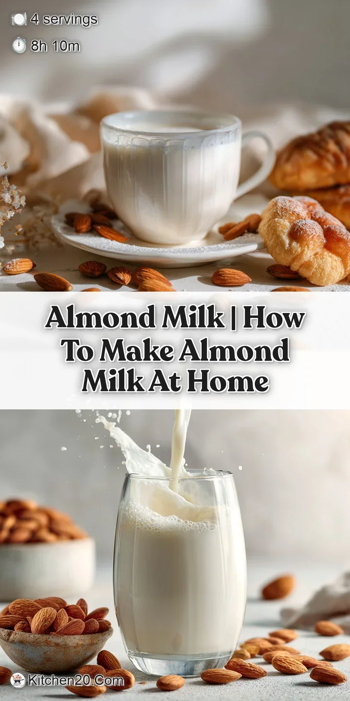 Close-up of silky smooth almond milk, catching the light, with tiny almond particles visible, suggesting a rich, fresh tex...