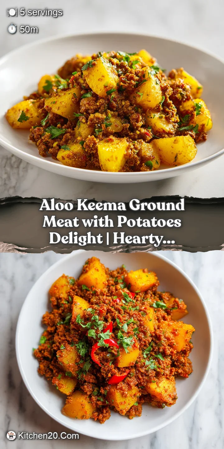 Close-up of savory keema and soft potato pieces, glistening with spices and fragrant herbs, creating an appetizing view.