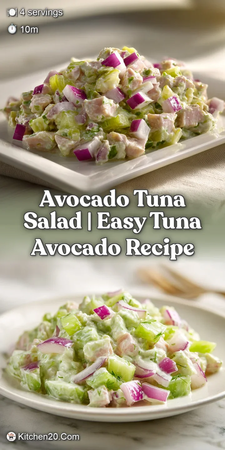 Macro shot of creamy green avocado chunks and flaky tuna mixed with diced red onion and a sprinkle of black pepper.