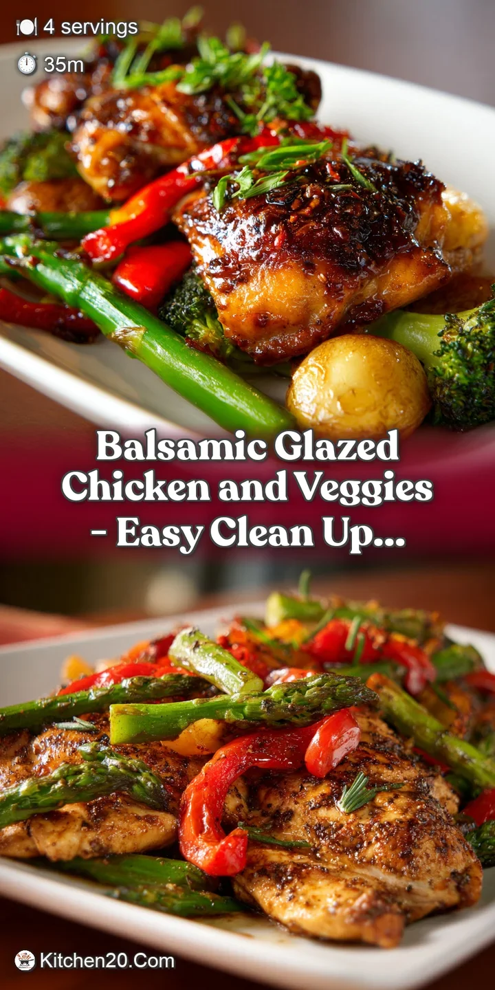 Close-up of balsamic chicken; the dark, glossy glaze shines against tender chicken and caramelized peppers, hinting at del...