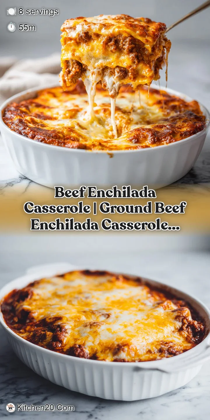 Macro shot of gooey melted cheese and rich red sauce dripping over layers of corn tortillas and seasoned beef.