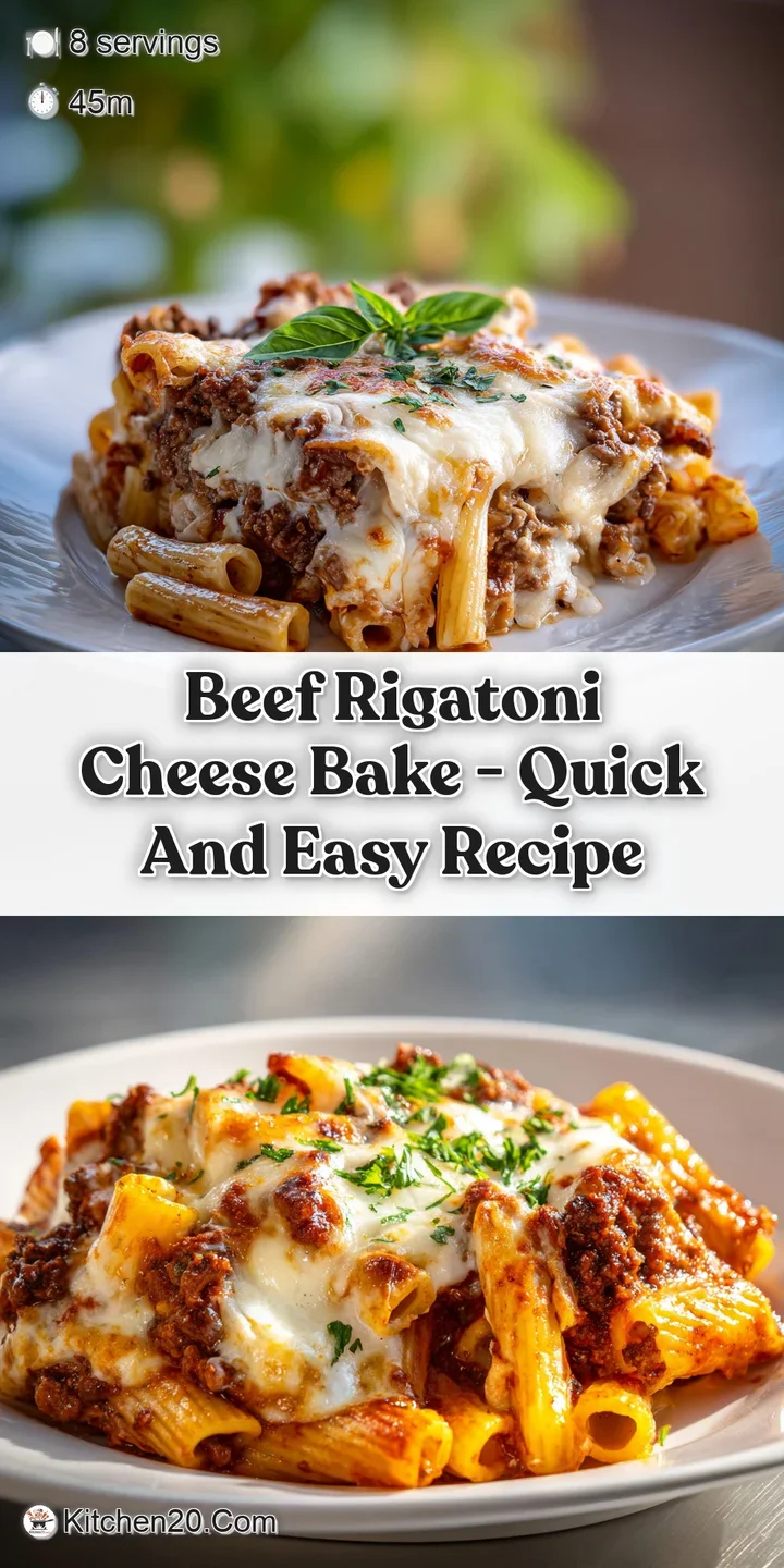 Close-up of cheesy beef rigatoni bake with rich tomato sauce. Bubbling texture and browned cheese invite a comforting bite.