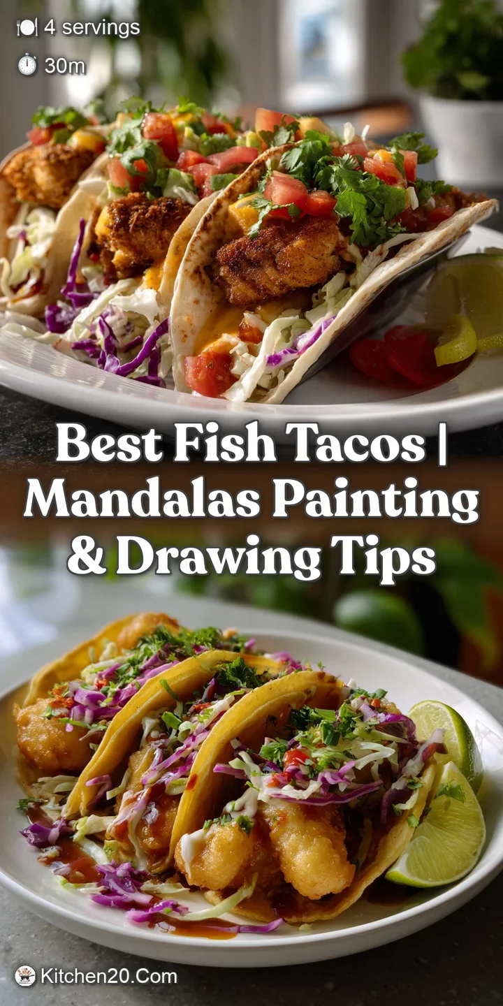 Close-up of crispy, golden-battered fish in a soft tortilla, topped with vibrant slaw and a creamy white sauce.