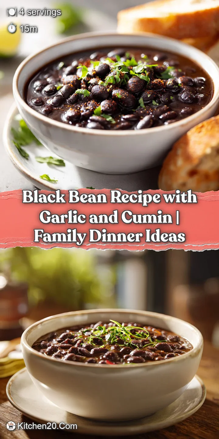Close-up of tender black beans, rich with cumin, interspersed with flecks of garlic and chili.