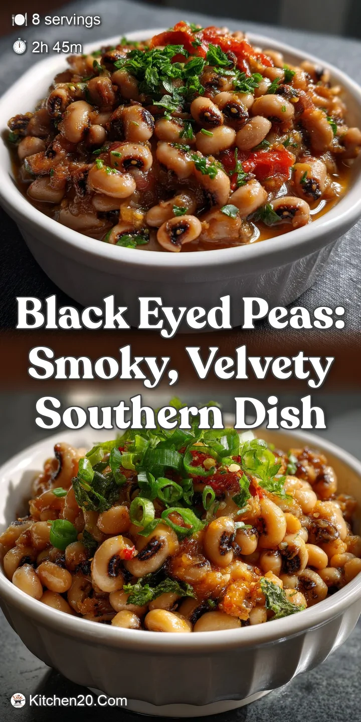 Close-up view of steaming black-eyed peas, glistening with rich broth, a single chili pepper visible, promising warmth and...