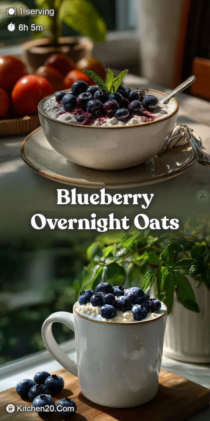 Close-up of plump blueberries nestled in creamy, cool overnight oats. Hints of vanilla & almond. Ready for a delicious fir...