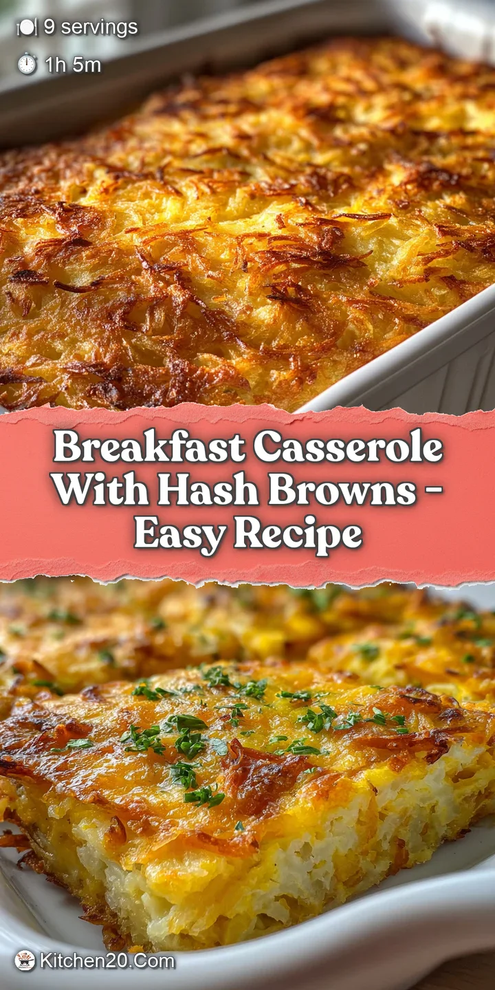 Close-up of cheesy breakfast casserole, highlighting golden-brown hash browns and vibrant bits of sausage; bubbly and deli...