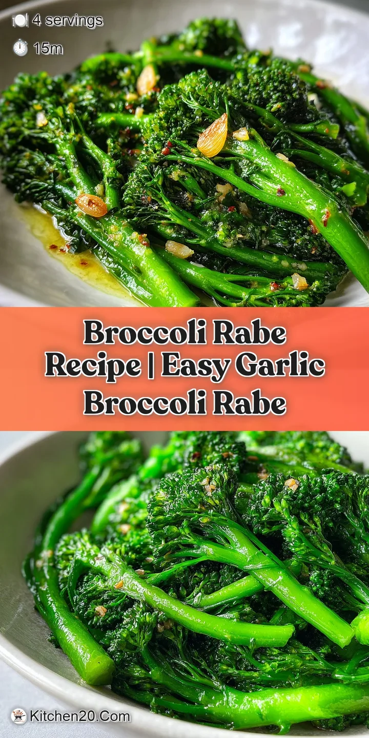 Close-up of tender, slightly bitter broccoli rabe. The dark leaves contrast with the bright garlic and chili flakes, offer...