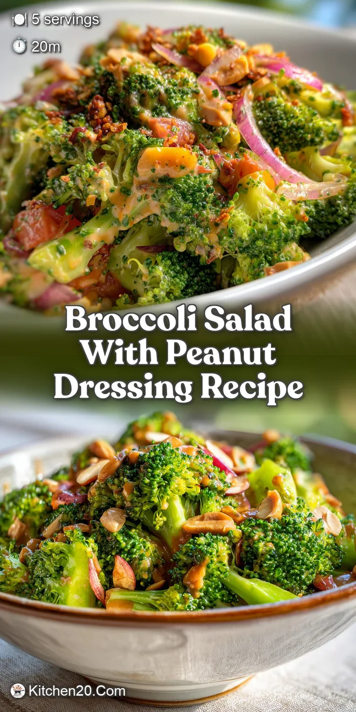 Close-up of a broccoli floret coated in a rich, peanut sauce. Peanuts add a textural contrast. Healthy and delicious.