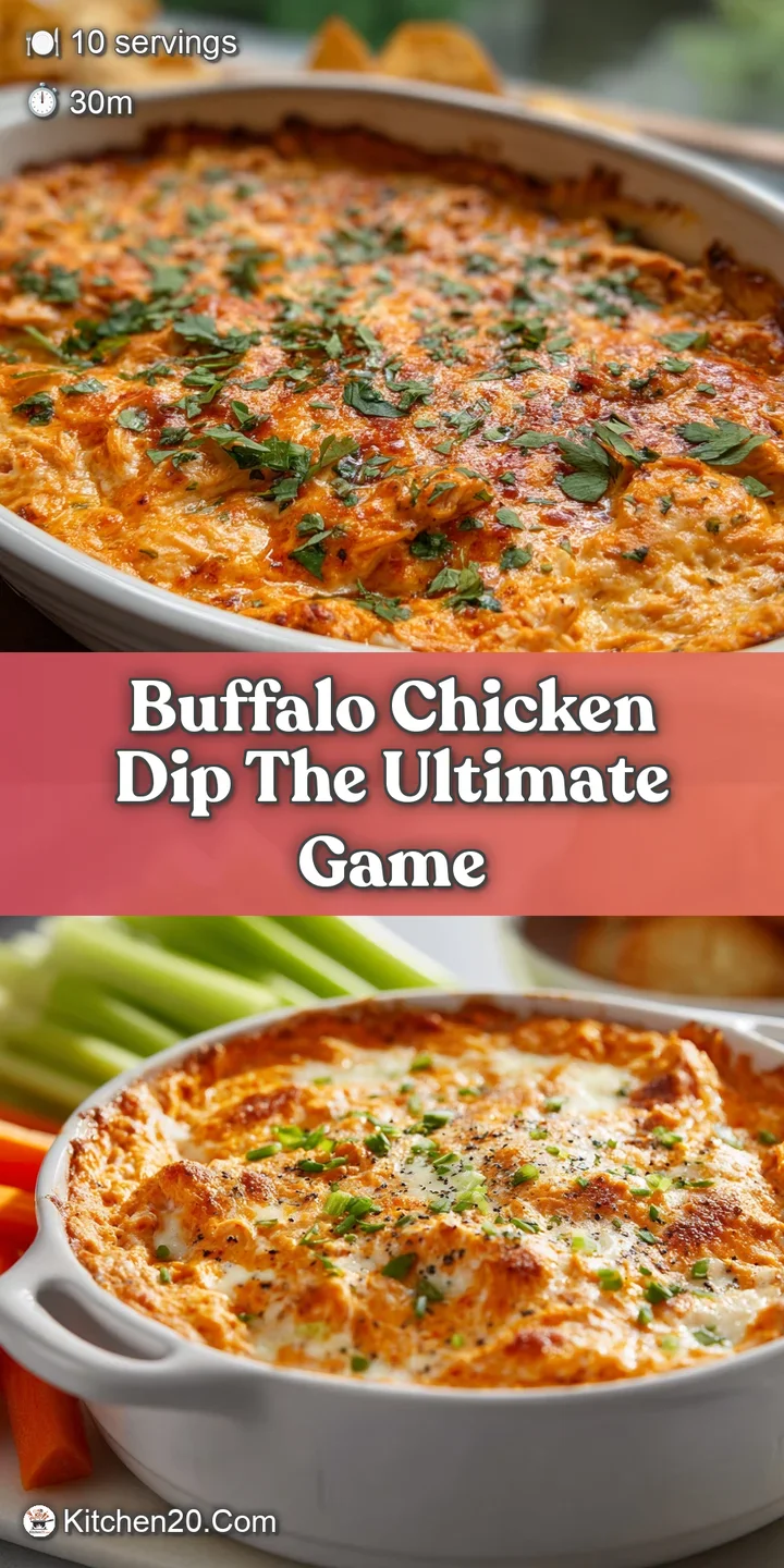 Close-up of bubbling, creamy buffalo chicken dip, showing textures of melted cheese and tender shredded chicken, a warm an...
