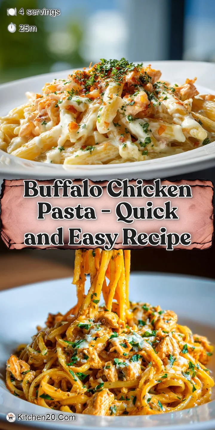 Close-up of glistening buffalo chicken pasta. Creamy sauce coats the noodles, with visible pieces of juicy chicken and blu...