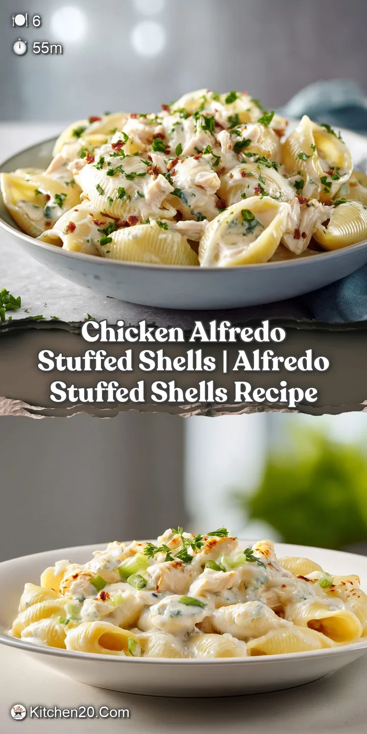 Close-up of creamy chicken Alfredo filling oozing from a baked pasta shell, glistening with sauce.