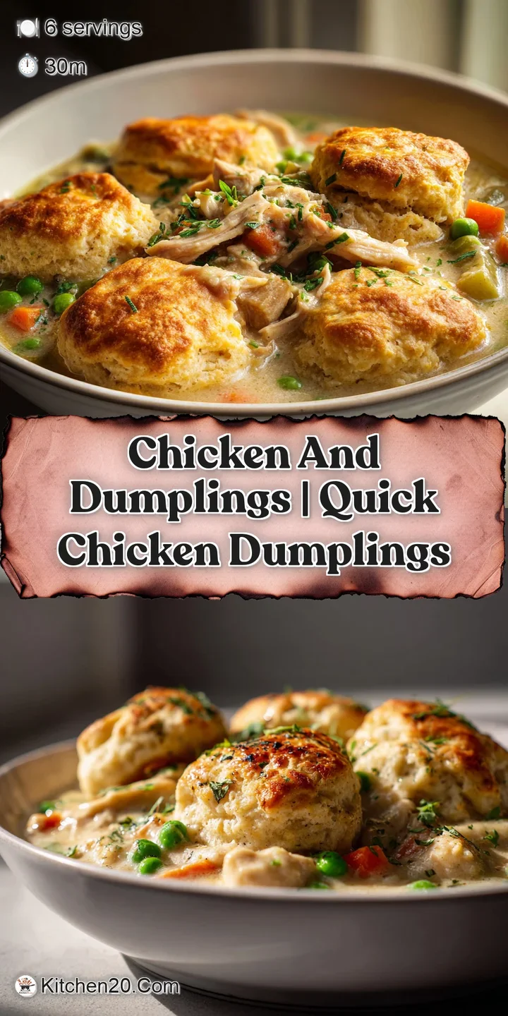 Close-up: Tender chicken nestled among pillowy dumplings, a glistening broth hinting at savory depth, flecks of herbs prom...