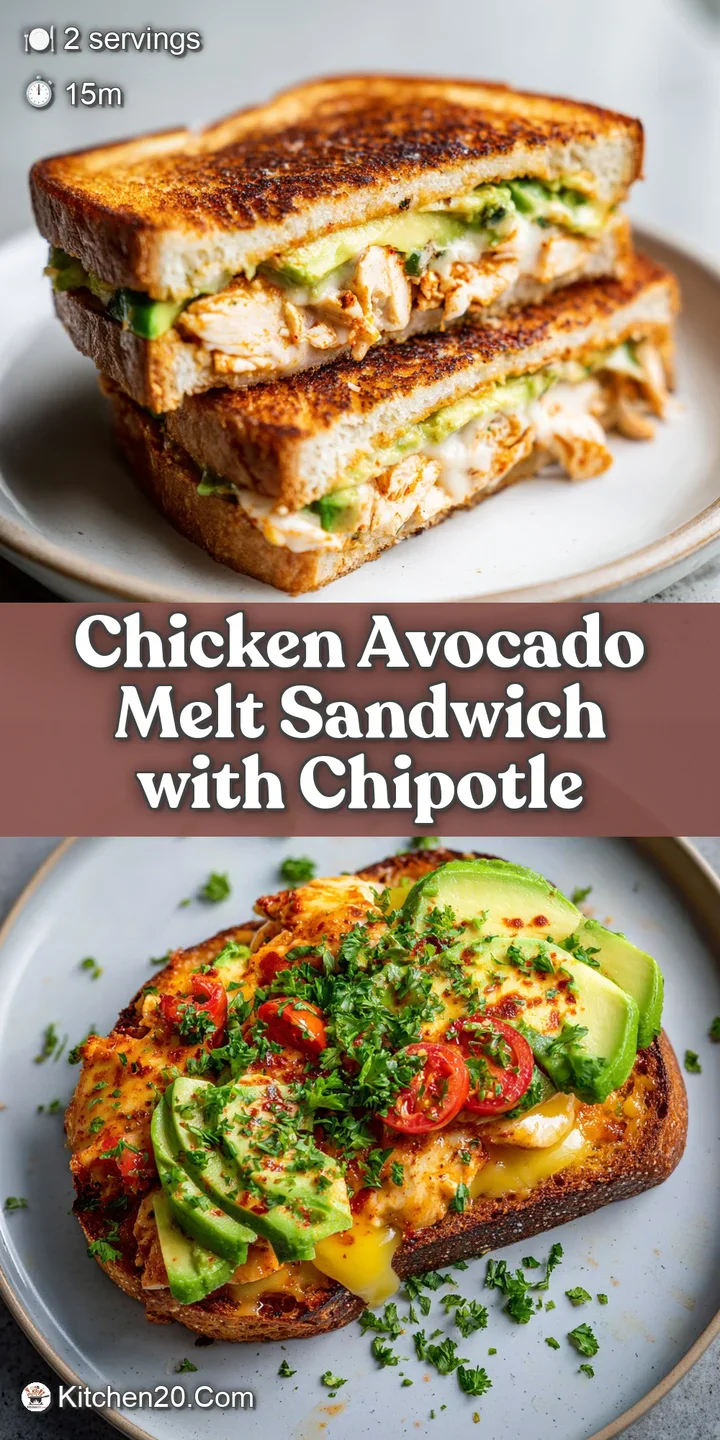 Close-up of a juicy chicken avocado melt, highlighting the creamy melted cheese, tender chicken, and ripe green avocado sl...