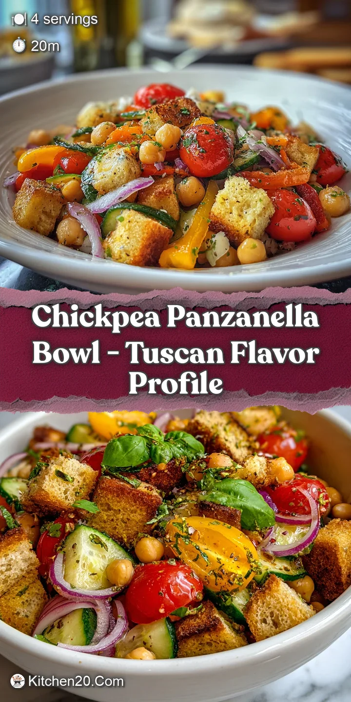 Close-up of a chickpea panzanella bowl, warm baked tomatoes & golden chickpeas glisten; fresh basil adds a bright touch.