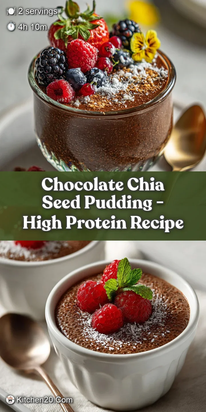 Close-up of rich, dark chocolate chia seed pudding. Glistening surface, dotted with juicy red raspberries, invites a spoon...