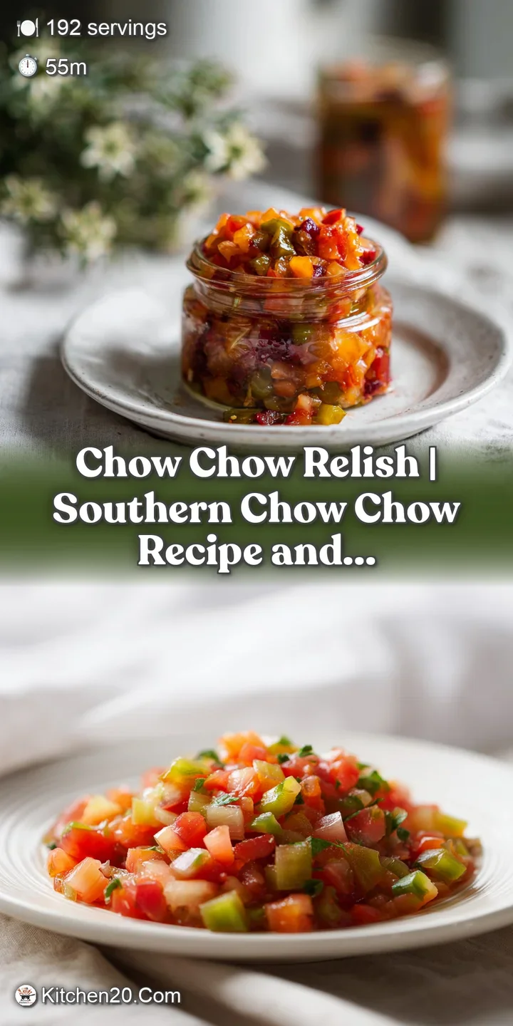 Close-up of glistening, chunky chow chow relish, highlighting the crisp textures of finely diced green tomatoes and spices.