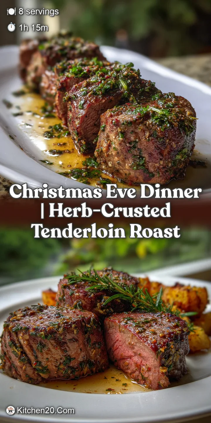 Close-up of perfectly seared tenderloin, revealing a tender, pink center. The crust is seasoned with vibrant green herbs; ...