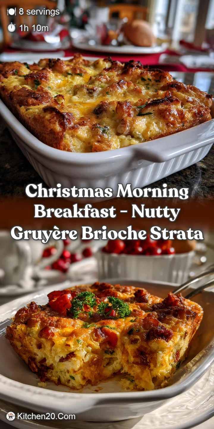 Close-up of a bubbling, cheesy strata. Steam rising from the savory custard-soaked brioche, studded with bits of sausage,...