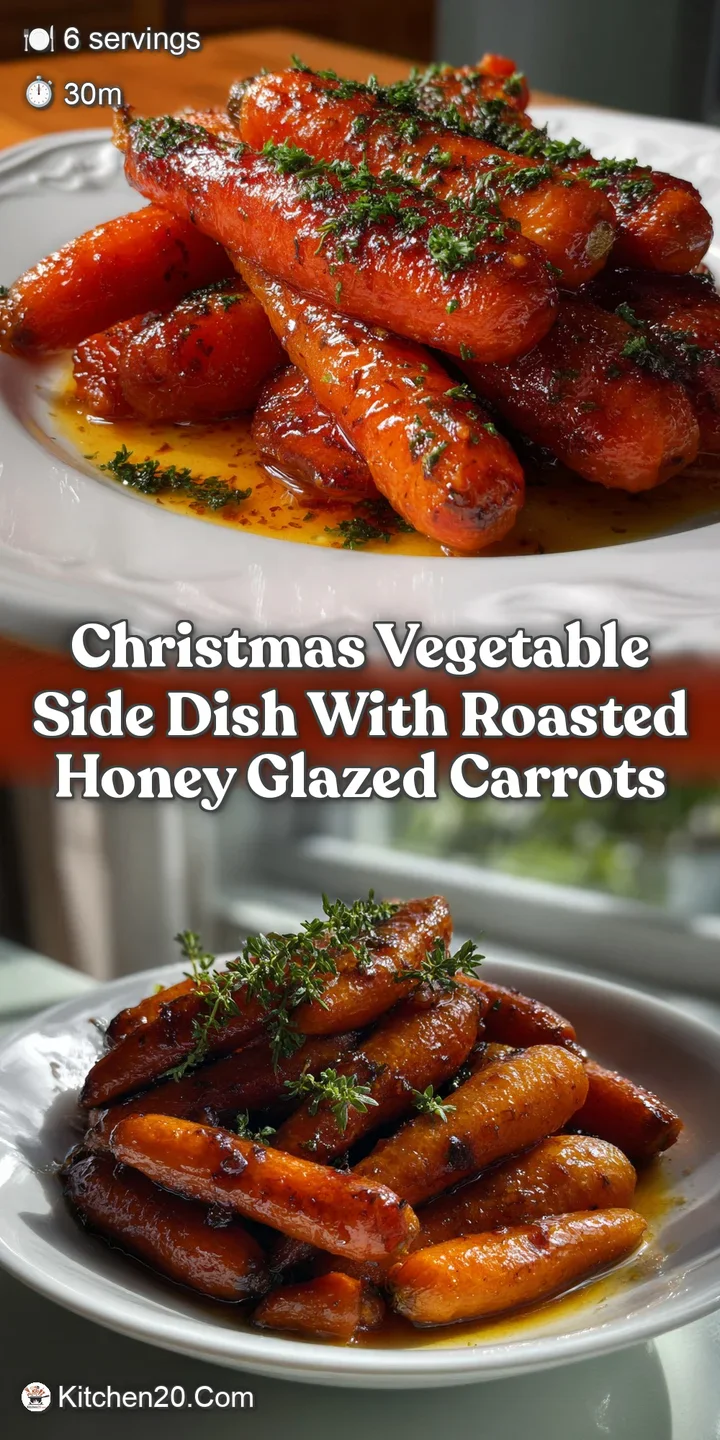 Close-up of tender, honey-glazed carrots glistening with caramelization, alongside other roasted vegetables. Appetizing te...