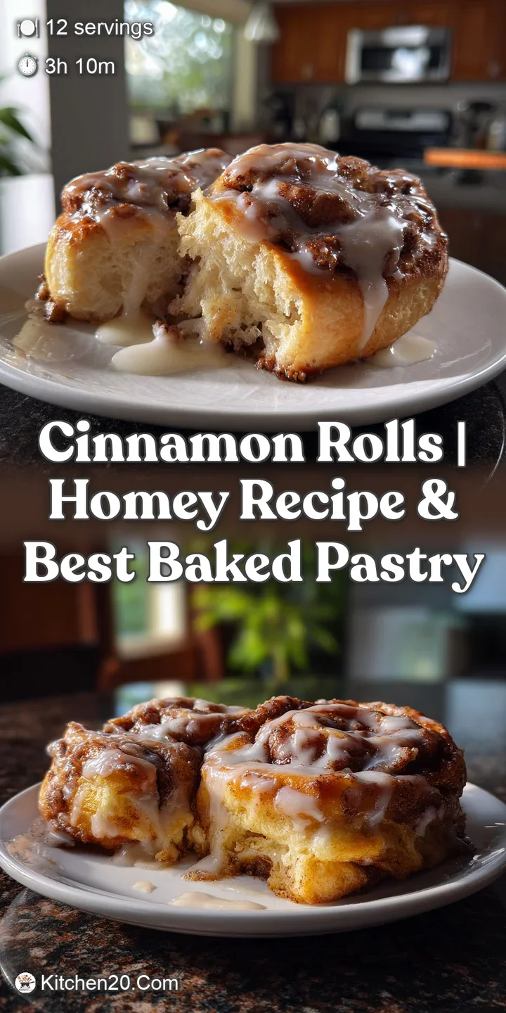 Close-up of a soft cinnamon roll revealing layers of warm cinnamon and sugar, generously drizzled with white frosting. A d...