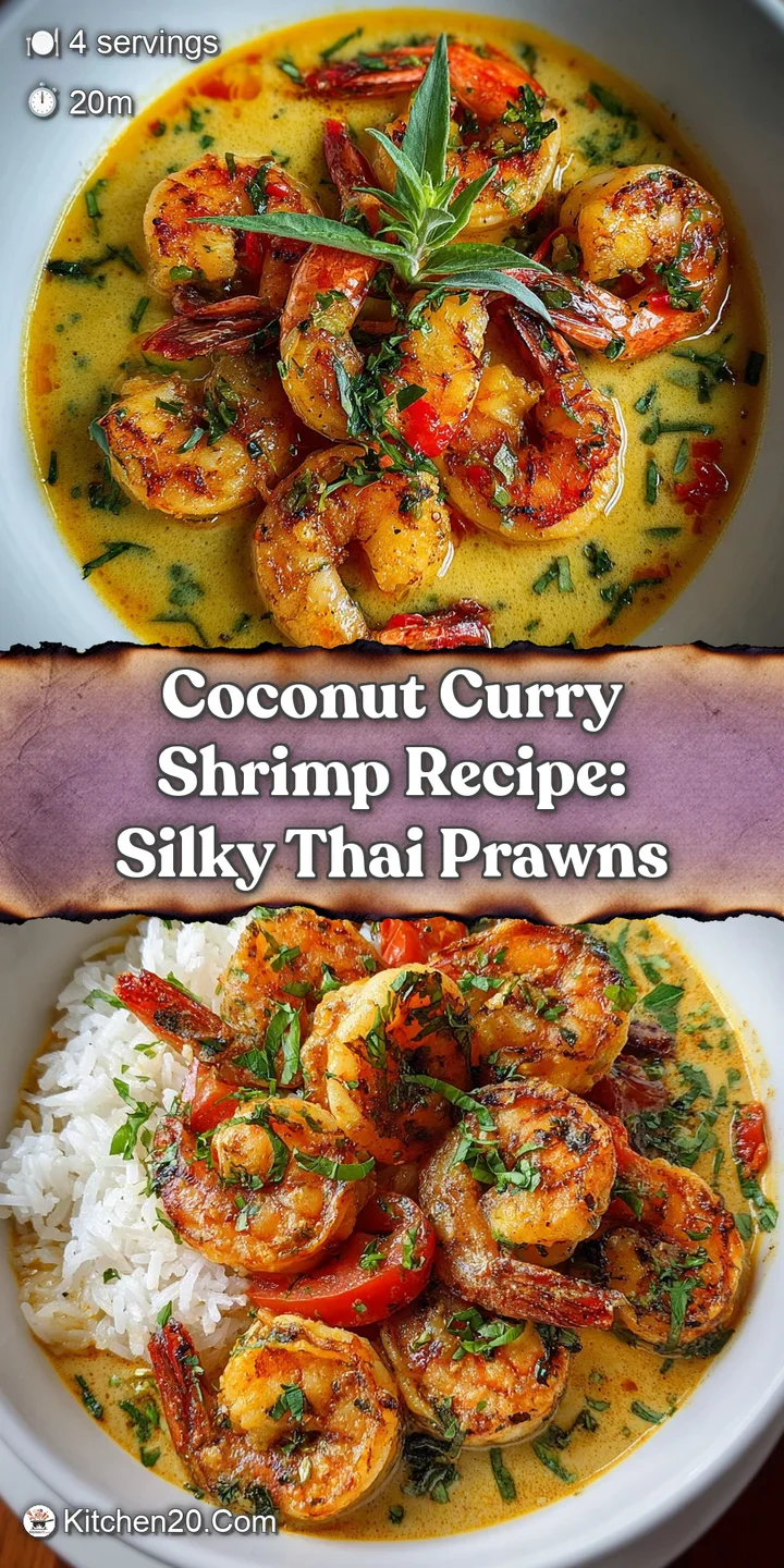 Appetizing close-up of coconut curry shrimp; tender shrimp glistening in rich, creamy sauce with flecks of red pepper.
