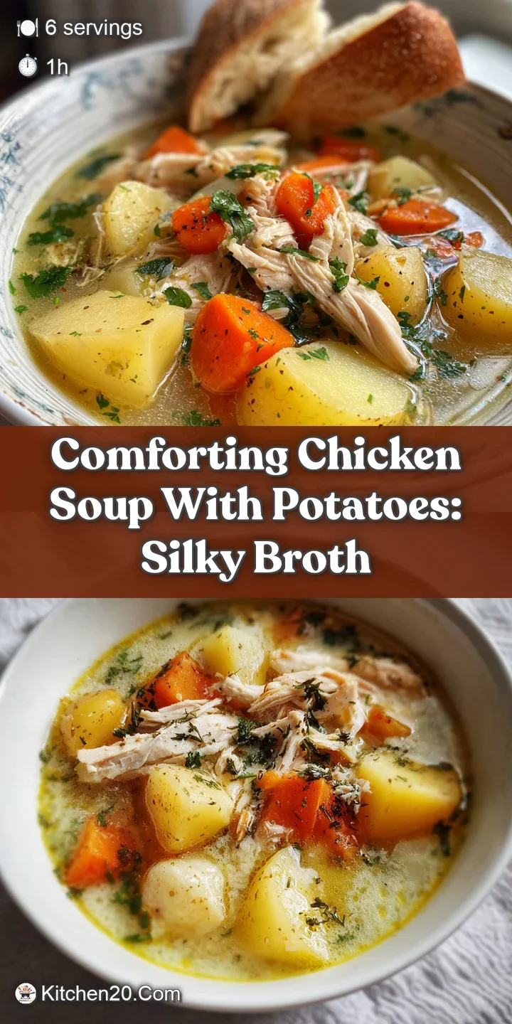 Close-up of hearty chicken soup with tender chicken, soft potatoes, and shimmering broth. Hints of fresh herbs add texture.