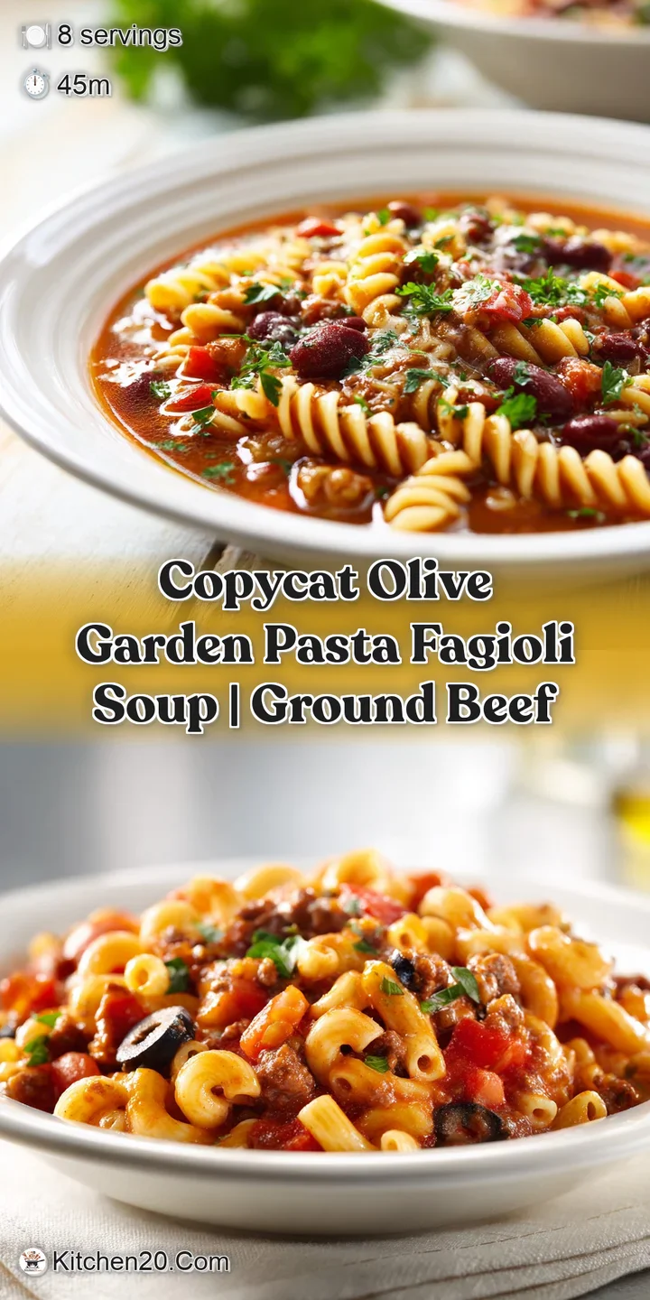 Close-up of hearty Pasta Fagioli. Tender pasta and beans in a vibrant tomato broth, hinting at savory, comforting flavor.