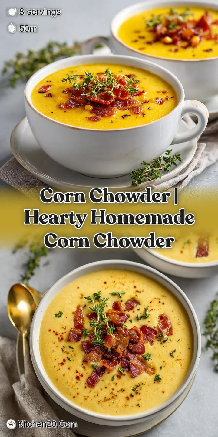 Close-up of velvety yellow cream soup featuring tender corn kernels and glistening, crunchy brown bacon crumbles.