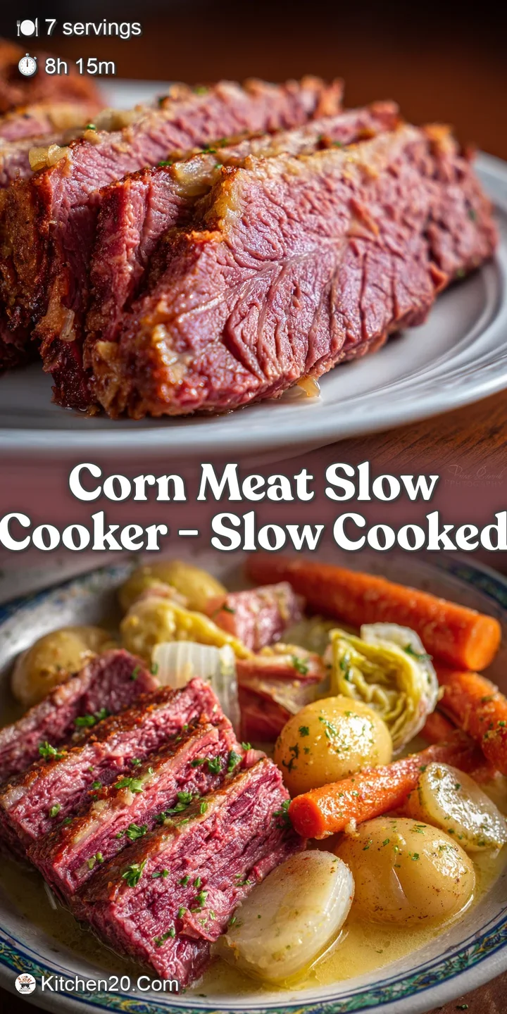 Close-up of succulent, slow-cooked meat with kernels of sweet corn. Hints of steam suggest a hot, delicious meal.