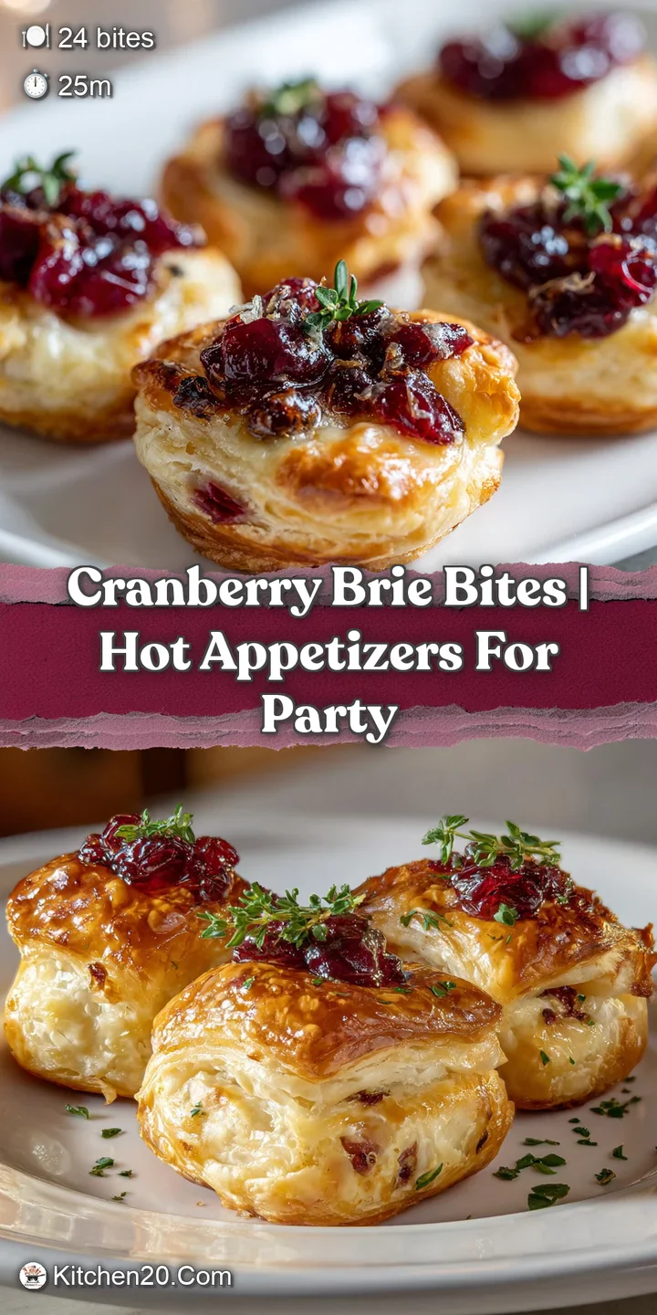 Close-up of a crisp puff pastry bite, revealing warm, melted brie and bright red, slightly tart cranberries.