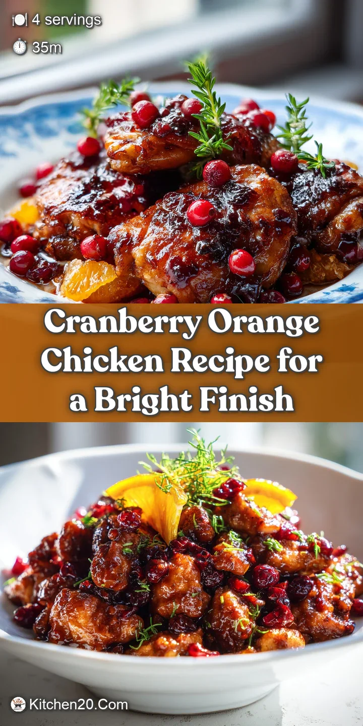 Up-close view of glistening cranberry orange chicken. The sticky, sweet glaze catches the light and colorful burst of holi...