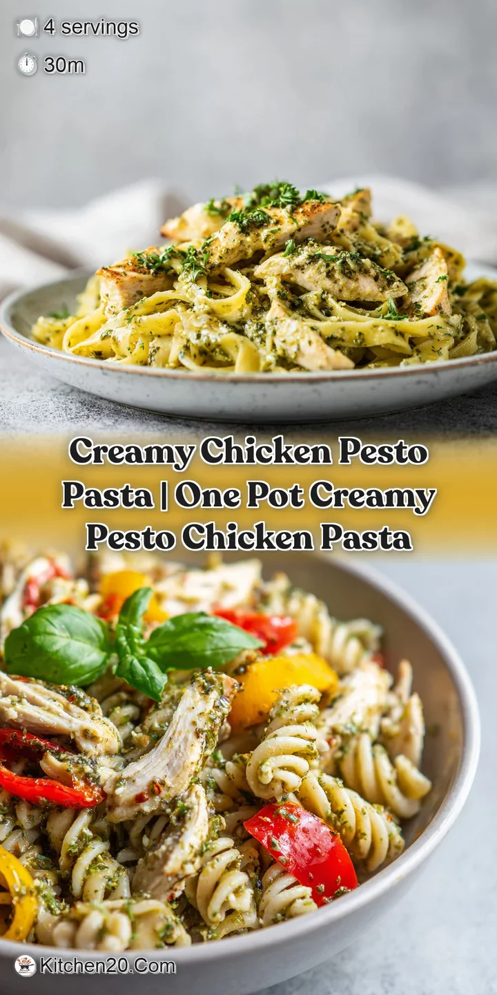 Close-up of creamy pasta tangled with bright green pesto, revealing tender chicken and a luxurious, smooth sauce.
