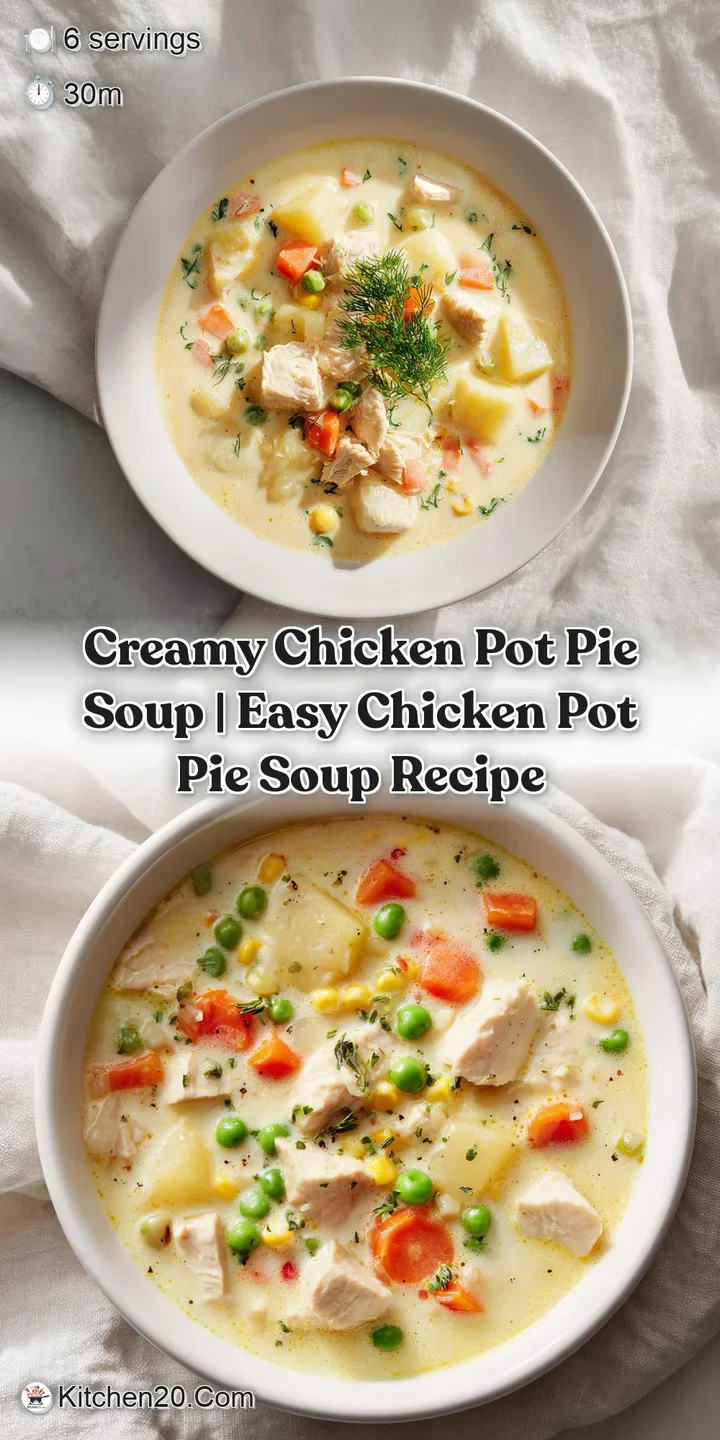 A close-up of creamy chicken soup, showcasing tender peas, carrots, and shredded chicken with a savory broth.
