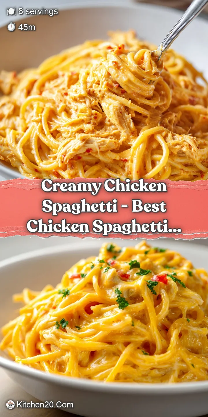 Close-up of bubbling, cheesy chicken spaghetti casserole, highlighting creamy sauce and golden baked crust.