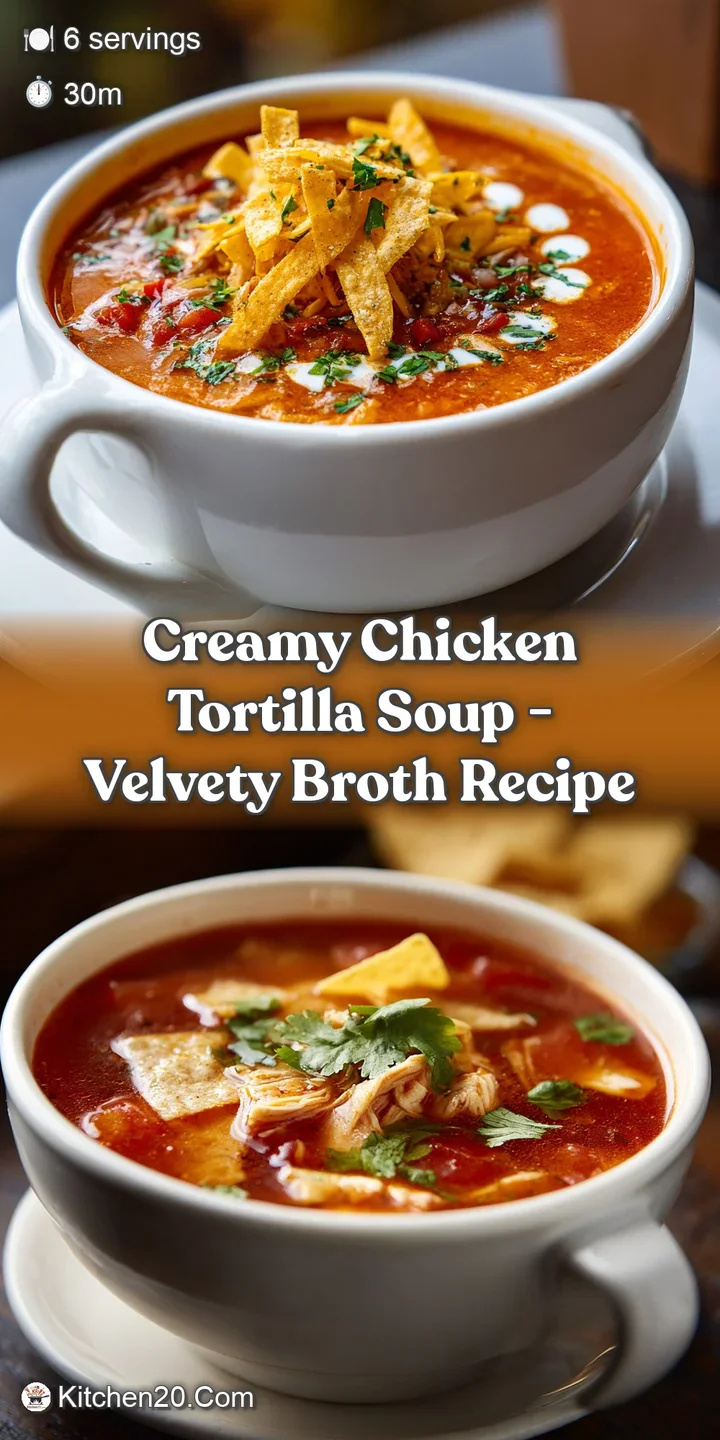 Close-up of creamy chicken tortilla soup showing tender chicken, colorful veggies and crispy tortilla strips in a rich broth.