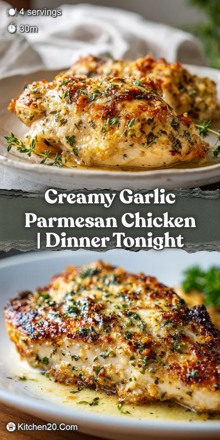 Close-up of creamy garlic Parmesan chicken. Tender chicken coated in a luscious, light-colored sauce with specks of vibran...